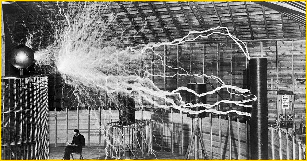 Serbian-American inventor Nikola Tesla observes massive artificial lightning bolts generated by his magnifying transmitter in Colorado Springs laboratory, 1899