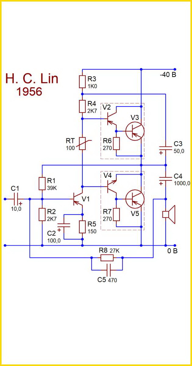 Schematic diagram of the original Lin quasi-complementary transistor amplifier as published in H.C. Lin's 1956 Electronics magazine article and U.S. Patent 2,896,029. Values and component labels match Fig. 3.11 from the original publication. Note: plus rail, not minus.