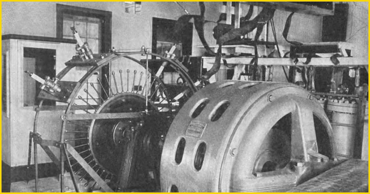 Historical photograph of Canadian engineer Reginald Fessenden's pioneering synchronous rotary spark-gap radio transmitter, built December 28, 1905 at his Brant Rock, Massachusetts laboratory. This revolutionary device, powered by a 40 hp steam engine and 35 kVA alternator, enabled the first two-way transatlantic radio communication on January 10, 1906. Fessenden exchanged Morse code messages at 88kHz with an identical station in Machrihanish, Scotland, surpassing Guglielmo Marconi's earlier one-way transmission achievement.