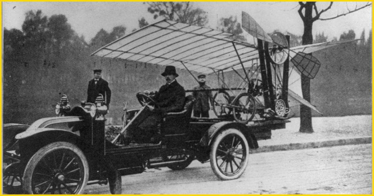 Alberto Santos-Dumont prepares his lightweight Demoiselle monoplane for a flight on the practice grounds in 1909.