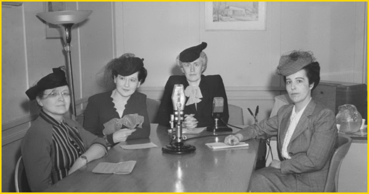 Historical photograph from March 19, 1945 showing Thérèse Casgrain (center) hosting the French-Canadian radio program "Votre opinion Mesdames" at CBC/Radio-Canada studios in Montreal. The women's discussion program features guests (left to right): Germain Parrot (president of feminine St. Vincent de Paul), Juliette Dupont-Perron (CBC International Service librarian), and Daniel Yturralde (BCS clinic secretary). The image captures early women-led broadcasting in Canada, with participants gathered around a studio table with vintage microphones during World War II era.