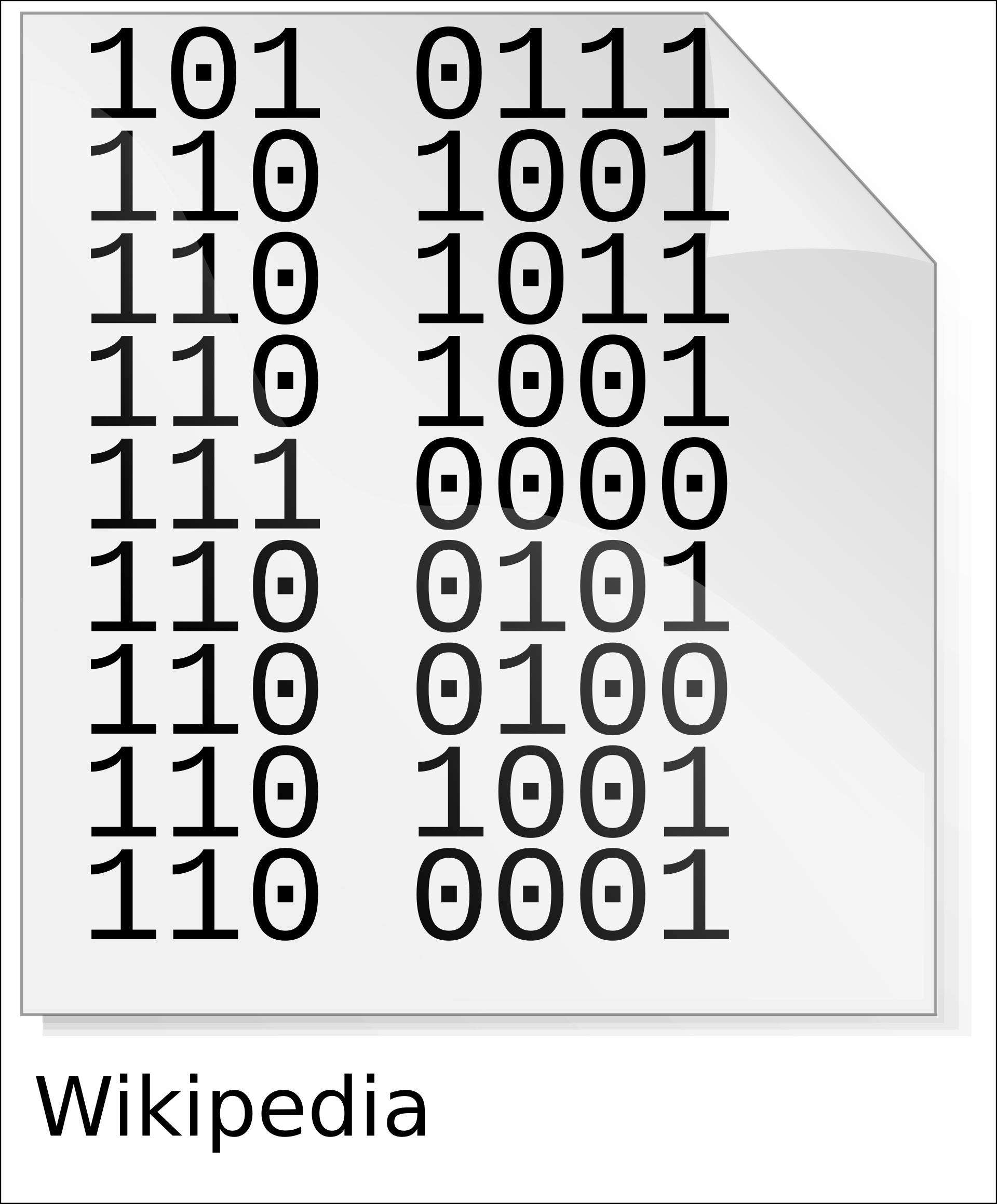 ASCII to binary encoding showing how the word 'Wikipedia' is represented as 7-bit binary values for each character.