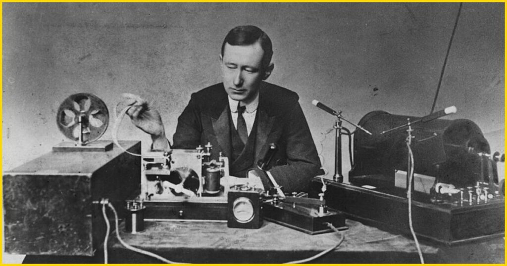 Italian inventor Guglielmo Marconi demonstrates his wireless telegraph apparatus, a key development in radio communication history
