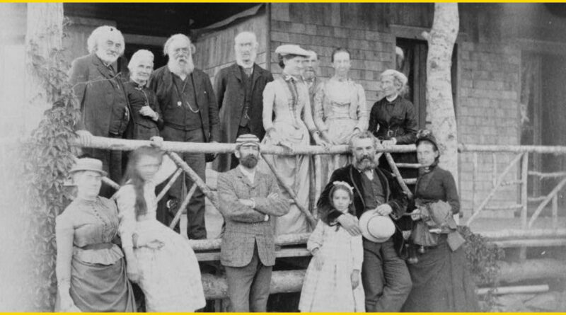 Alexander Graham Bell posing for a group portrait with his wife and friends in the 1870s.