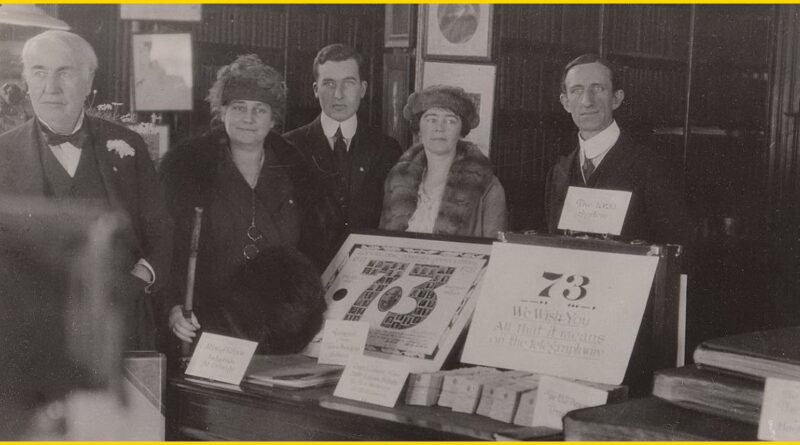 Thomas Edison celebrates his 73rd birthday in his library with his wife Mina, son Charles, daughter-in-law Mrs. Charles Edison, and son Thomas Jr., February 11, 1919.