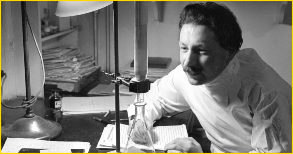 Dr. Ernst Boris Chain, Nobel laureate, conducting a scientific experiment in his office at the University of Oxford in 1944 during the research that led to the isolation and mass production of penicillin.