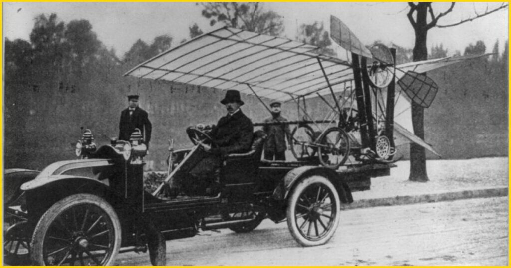 Alberto Santos-Dumont prepares his lightweight Demoiselle monoplane for a flight on the practice grounds in 1909.