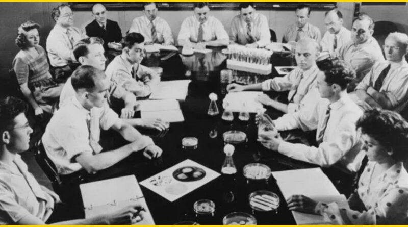 Group portrait of the USDA (U.S. Department of Agriculture) penicillin research team at the Northern Regional Research Laboratory in June 1944, featuring key scientists and technicians who contributed to the mass production of penicillin during World War II.
