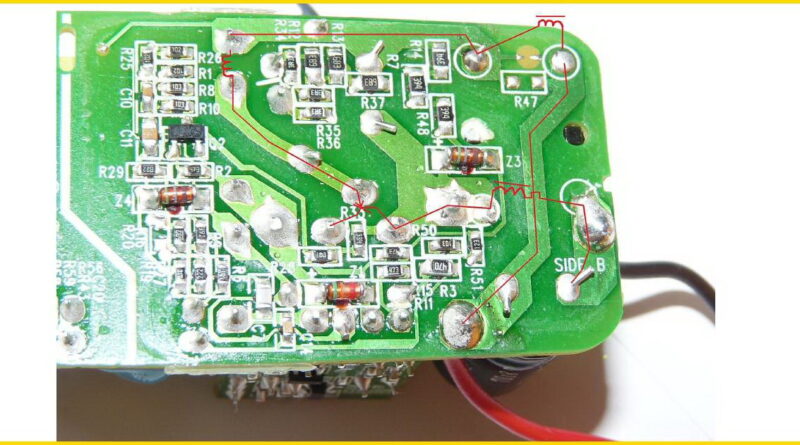 Schematic of AD59230 power circuit. Blocking oscillator with four inductors, no limiting diodes. Transistor switches primary coil, connected to negative rail. Design defect causes transistor burnout after 9–15 months, leading to short circuit and blown fuses.