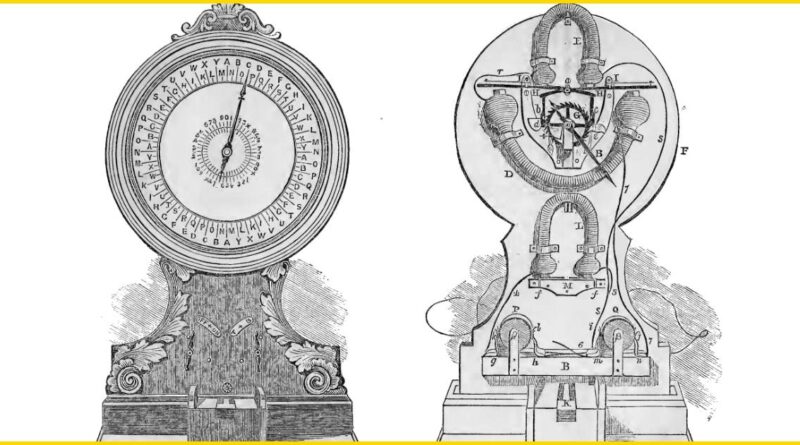 An 1847 engraving from "Decorator's Assistant" showing John Nott's electric dial telegraph: a front view with alphabetical dial and pointer, and a cutaway view of the interior with electromagnets, ratchet wheel, and connecting wires.